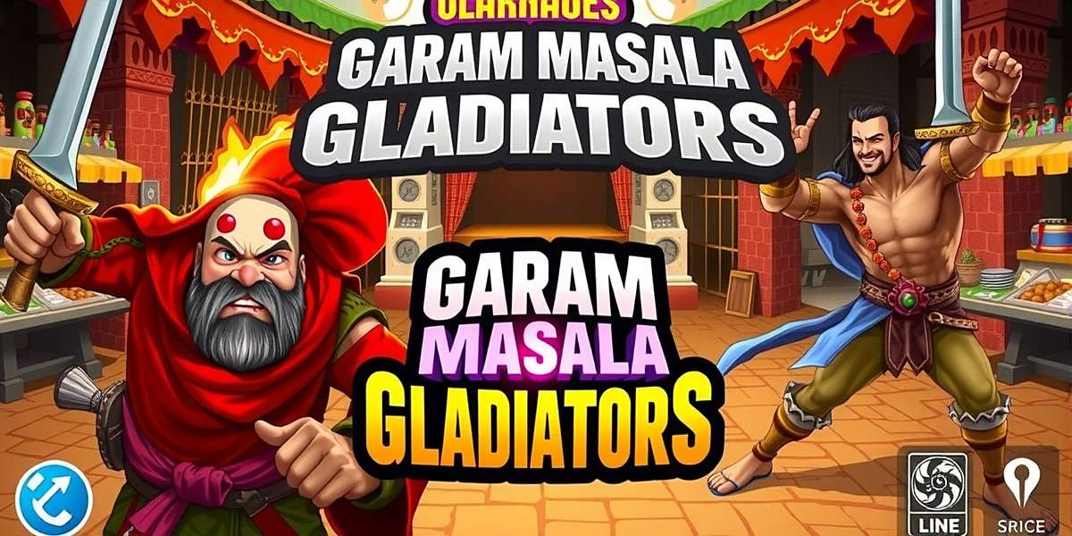 Garam Masala Gladiators Official Cover Art Garam Masala Gladiators game cover featuring various spice warriors in battle poses with Indian market background